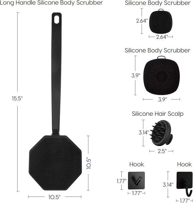 Silicone Body Scrubber Set, Includes Back & Body Scrubbers, Face Brush, Scalp Massager, 4 Storage Hooks, Shower & Bathroom Hygiene Accessories for Present(Black)