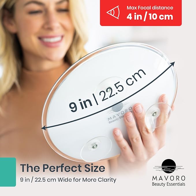 Mavoro 9'' Magnifying Mirror with 3 Strong Suction Cups | 10X Magnification | Portable Travel Makeup & Cosmetic Mirror (10X)