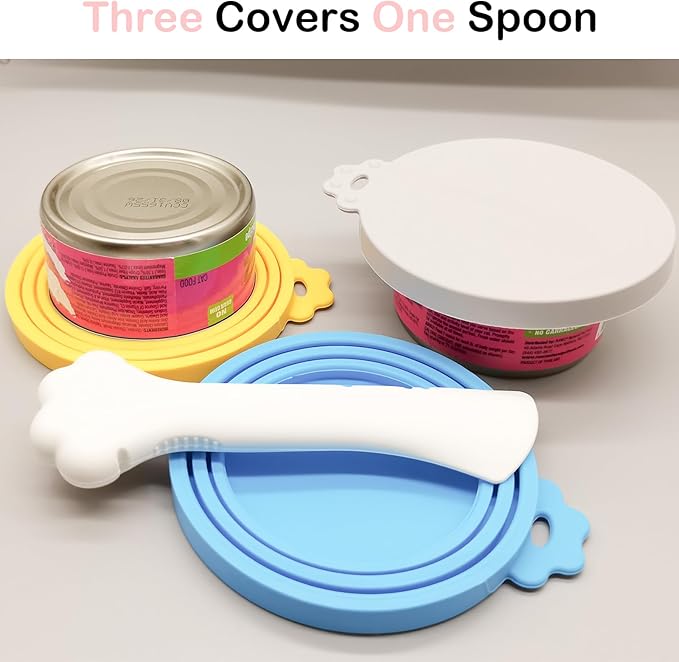 Cat Food Can Covers Lids & White Spoon, Red/Yellow/Green Lids, Can Covers for Dog/Cat Food Cans, Fit 3 Standard Size Pet Food Cans, Spoon with Opener Paw & Mini Spatula