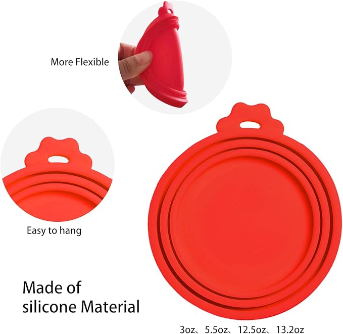 PINE & LINEN 4 Pcs Durable Pet Can Lids,One fit 3 Standard Size Silicone Waterproof Cat Food Cans Lids for 3oz/5.5oz/12.5oz/13.2oz Cat Food Cans（Red）