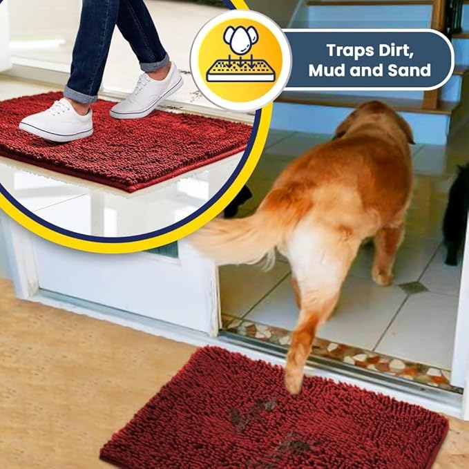 Muddy Mat® | Super Absorbent Door Mat Indoor, Microfiber Quick Dry Chenille Entryway Rug, Non-Slip Front Door Mat, Indoor Mats for Entryway, Machine Washable Pet Rug, Red 24" x 120"