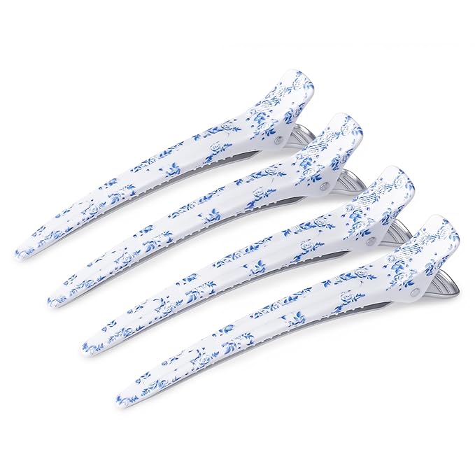 AIMIKE 4.8" Porcelia Qing Clips for Styling – Built-In Silicone Band Duckbill Hair Clips, No-Crease Non-Slip Sectioning Clips for Thick, Curly Hair, Ideal for Makeup, Hairstyling & Rollers, 4-Pack
