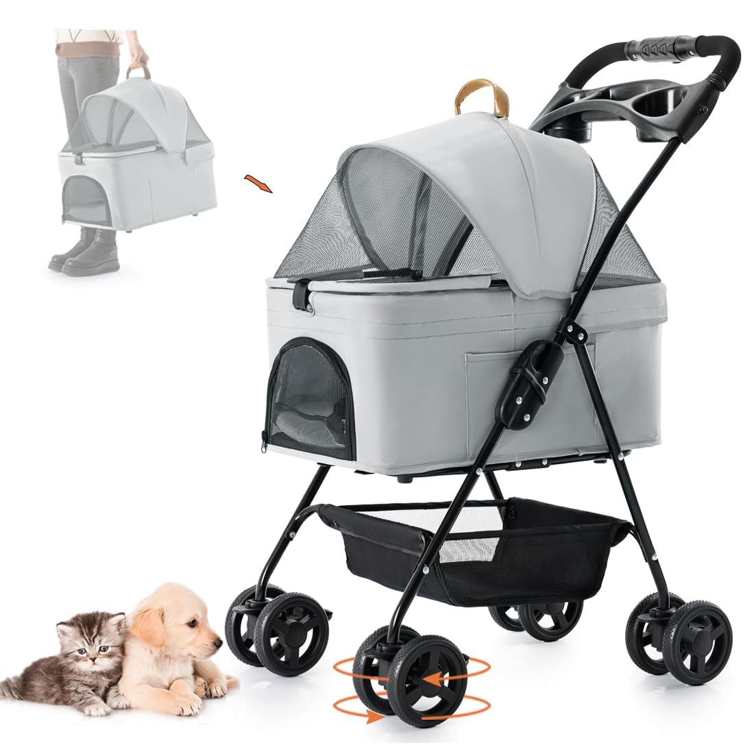 LPOTIUS 3-in-1 Pet Stroller for Small Dogs and Cats, Folding Lightweight Dog Stroller with Detachable Carrier Portable Cat Puppy Jogging Stroller with Cup Holder and Storage Basket, 4 Wheels