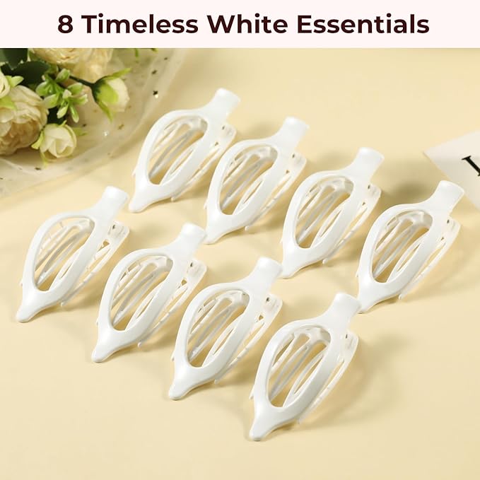8 Pack Glossy White Flat Hair Clips for Women – Sleek Non-Slip Claw Clips with Strong Hold, Minimalist Hair Accessories for Bridal, Office, or Everyday Wear