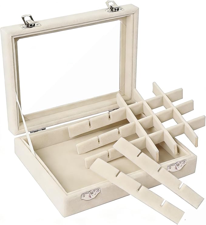 Velvet Jewelry Box 24 Grid Jewelry Earrings Display Organiser Box Ring Tray Holder Earrings Storage Case for Girls Women Wife Mom (Beige)
