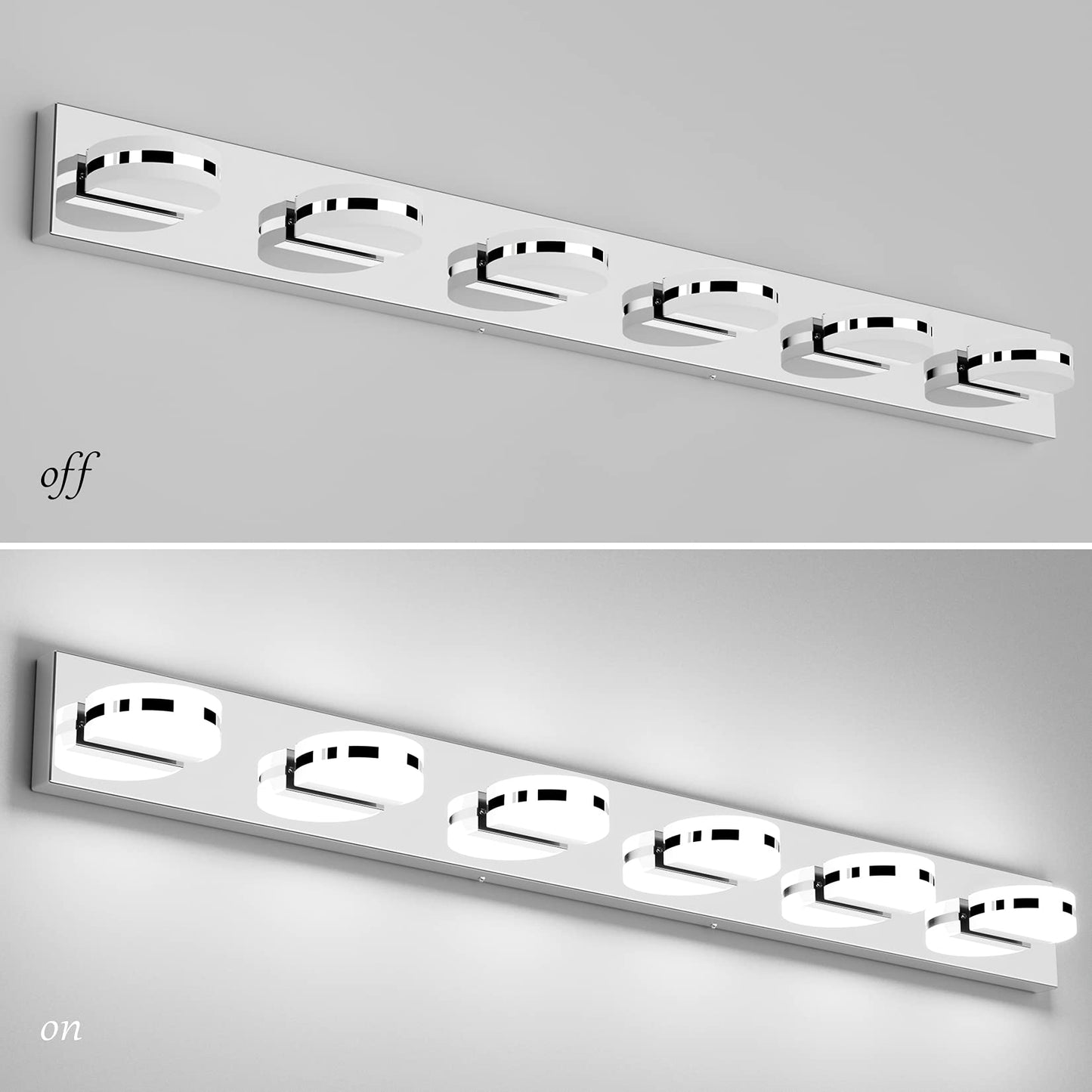 Aipsun 6 Lights Modern Chrome LED Vanity Light Acrylic Stainless Steel Bathroom Wall Light Over Mirror(White Light 6000K)