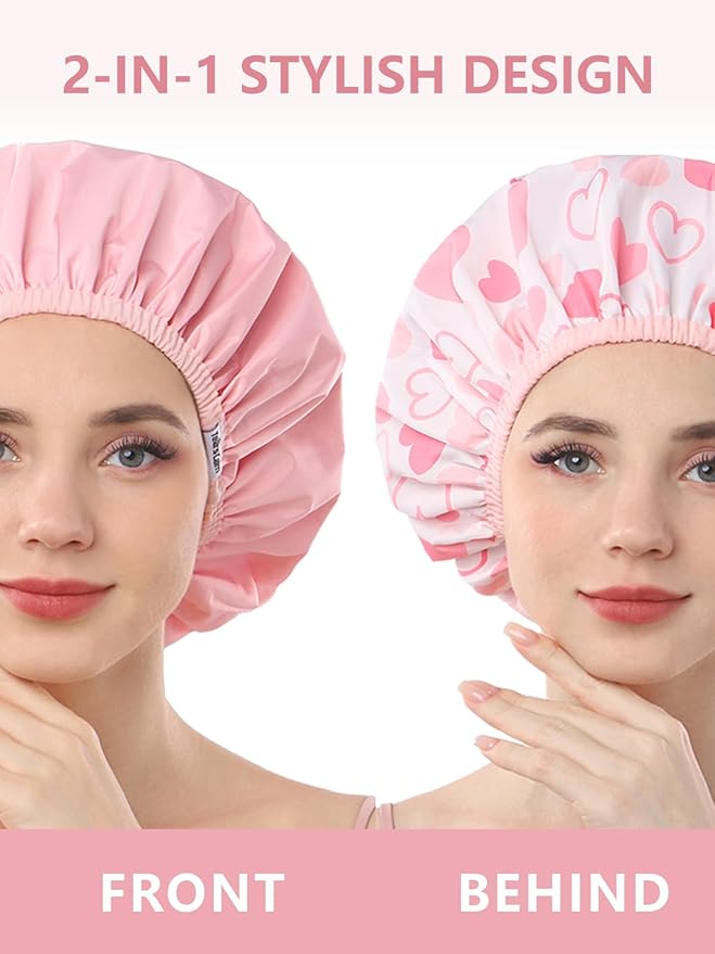 Years calm Shower Caps for Women Reusable Waterproof, Double Layer Waterproof Fabric - Both Sides Usable, Reversible Pattern & Solid Color Design, Soft Elastic Keeps Hair Dry for shower Spa Travel