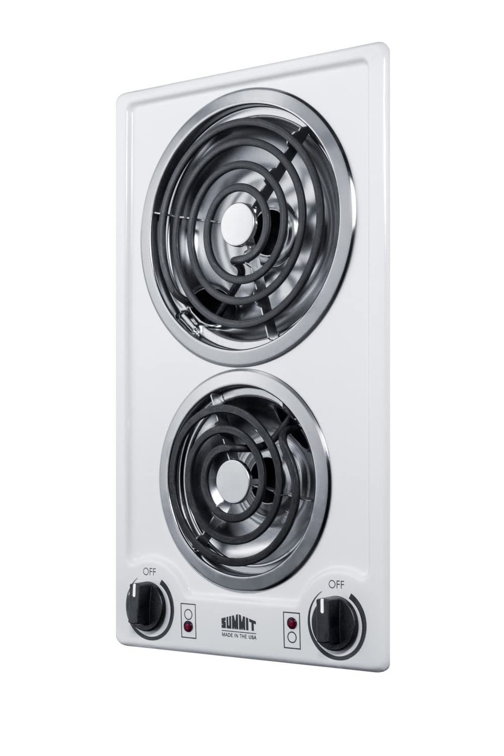 Summit 12" 2 Burner Electric Cooktop. 230V Radiant Cooktop, Coil Elements, Made in the USA, White- CCE225WH