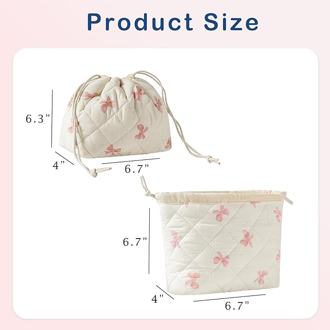 uekeboag Cotton Quilted Drawstring Makeup Bag with Canvas Lining,Coquette Aesthetic Cute Travel Toiletry Bag,Drawstring Gift Bag for Women and Girls（09Little Pink Bow）