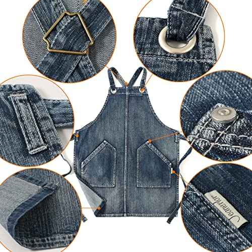 Jeanerlor Denim Cross Back Apron Acid Washed With Pockets for Hair Stylist