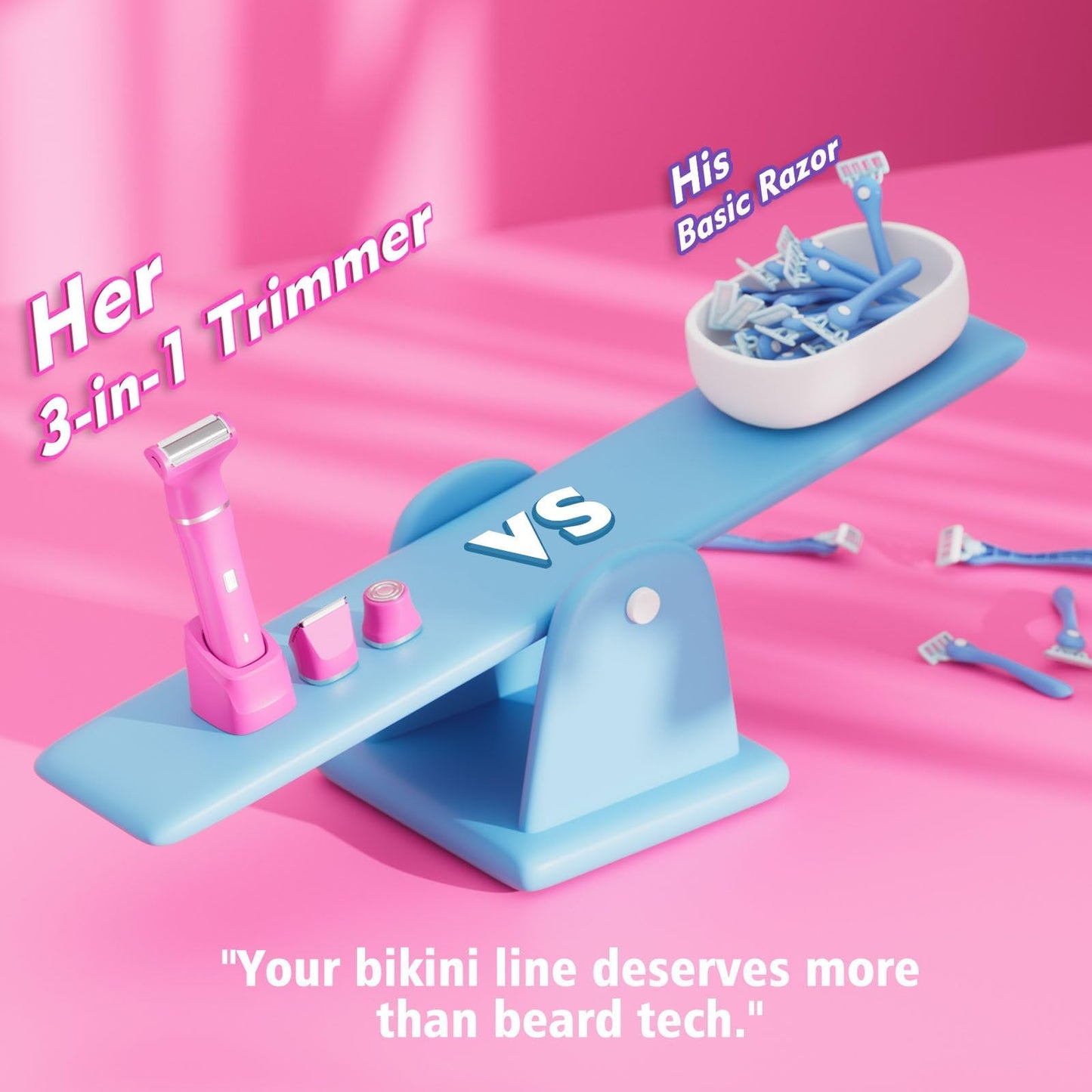 Bikini Trimmer for Women - IPX7 Waterproof Pubic Hair Remover for Shower & Travel, 3-in-1 Bikini Trimmer with Body/Round/Curved Heads, Hypoallergenic Foil & Ceramic Blades, Self-Care Gifts for Women