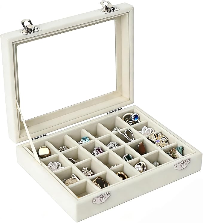 Velvet Jewelry Box 24 Grid Jewelry Earrings Display Organiser Box Ring Tray Holder Earrings Storage Case for Girls Women Wife Mom (Beige)