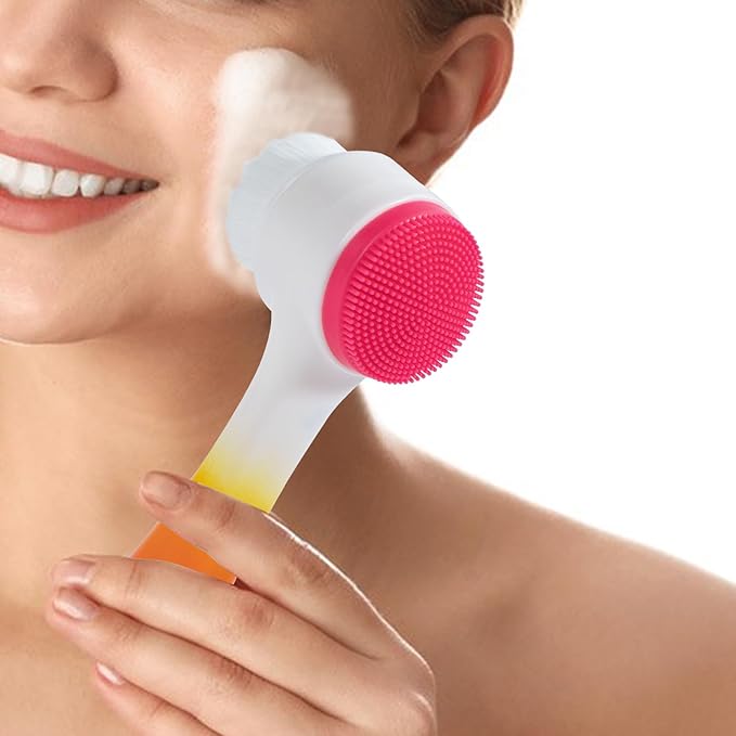 Face Brush 2 in 1, Silicone Facial Cleansing Exfoliating Brush Soft Bristles Pore Deep Cleansing Manual Dual Face Wash Scrub Brush For Massaging, Makeup Skincare Removal, Gradient White