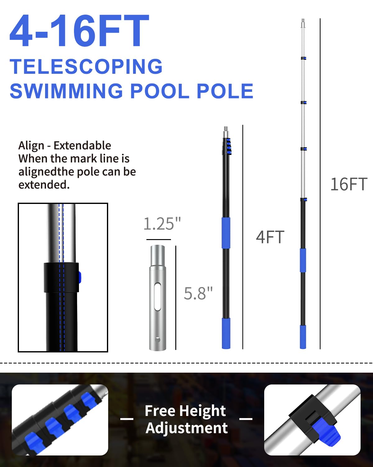 SKGPOLE Swimming Pool Pole, Upgraded 16FT Professional Telescopic Extendable Pool Pole Aluminium Heavy Duty, Adjustable Length 4 to 16 Feet, Universal Pole for Skimmer Nets, Brushes and Vacuum Heads