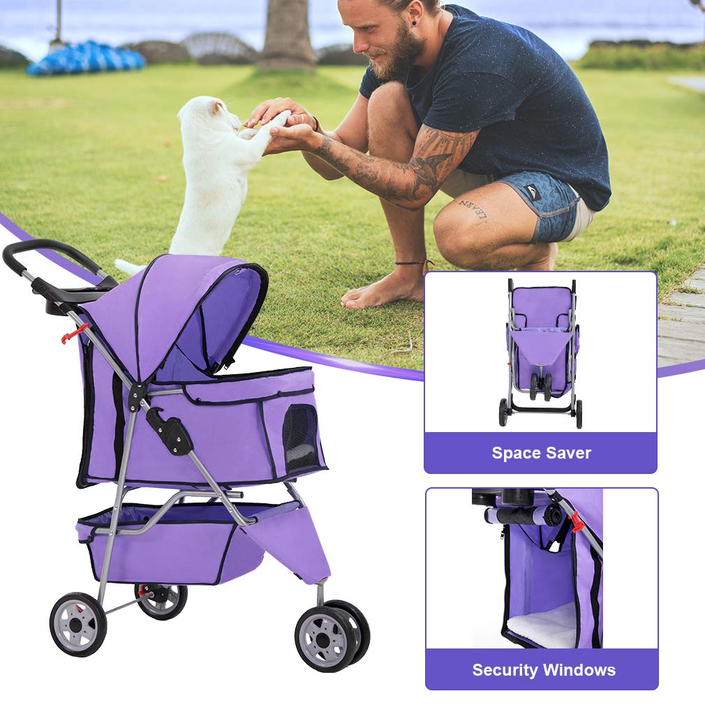 BestPet 3 Wheels Pet Stroller Dog Cat Cage Jogger Stroller for Medium Small Dogs Cats Folding Travel Carrier with Cup Holder, Waterproof Design & Removable Liner, Purple