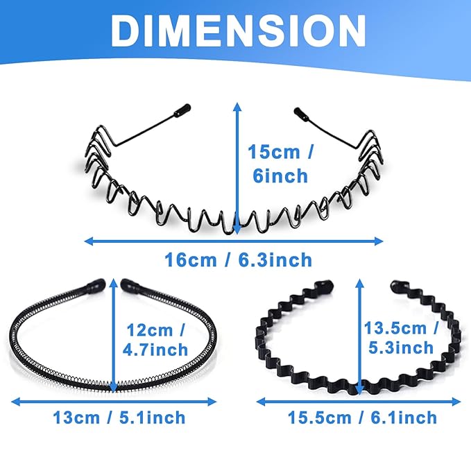 Metal Headbands for Men & Women, Adjustable Zigzag Hair Bands with Spring Circle & 0.3cm Wave Design, Non-Slip Black Sports Hairbands for Daily Wear, Running & Workout (3 Pack)
