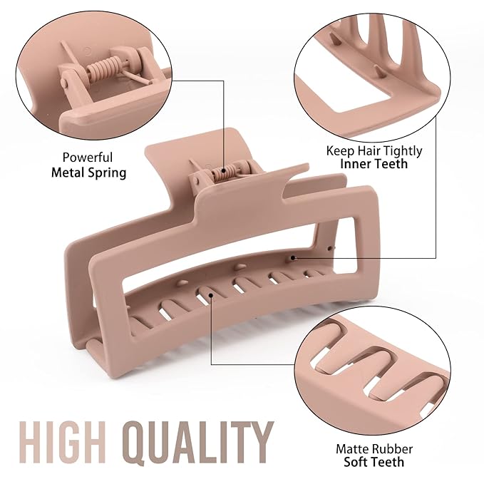 5 Inche Extra Large Claw Clips for Thick Hair and Long Hair, 4 Pack Xl Jumbo Claw clips, Oversized Matte Non-slip Rectangle Hair Clips for Women, Big Strong Hold Jaw Clip,Neutral Color