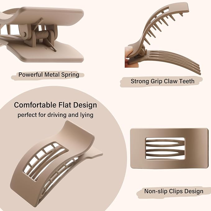 4 Pack Large Flat Hair Clips for Women, Rectangle Matte Non-slip Lay Down Claw Clips, French Strong Hold No Crease Barrettes for Thick & Thin Hair, Stylish Square Hair Accessories (Brown)