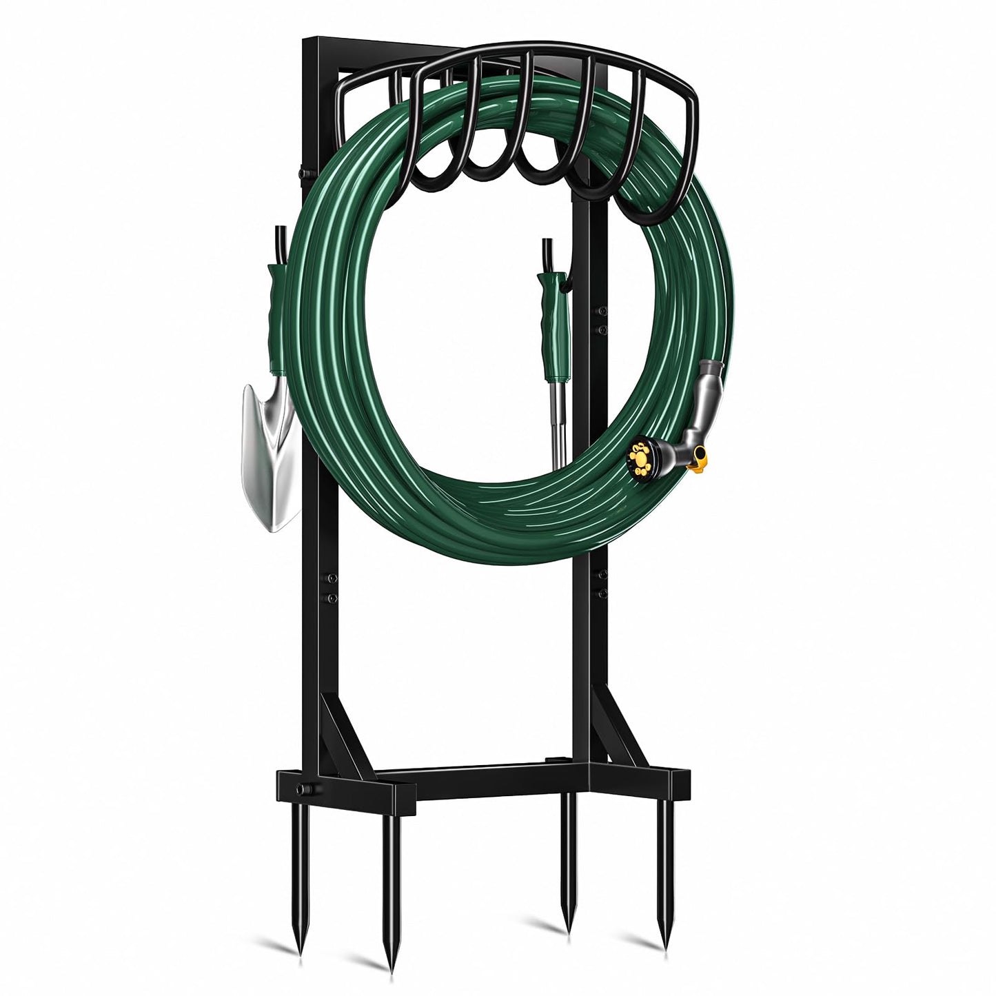 Kesfitt Garden Hose Holder Stand with 4 Spikes & 2 Tool Hooks, Detachable Heavy Duty Metal Freestanding Hose Reel Outdoor Organizer for Lawn Yard Water Storage Rack
