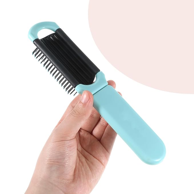 Foldable Hair Brush with Mirror, 2 Pcs Portable Travel Hairbrush Anti-static Mini Hair Brush Pocket Size Compact Massage Comb Hairstyling Tools for Women Girls Home Travel Gym Purse (Pink, Blue)