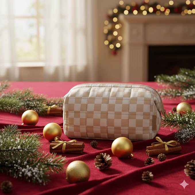 BAGSMART Makeup Bag Travel Toiletry Bag, Puffy Padded Make Up Bags for Women Makeup Organizer Case, Wide-open Pouch Purse Travel Essentials Toiletries Accessories Brushes, Checkered Khaki