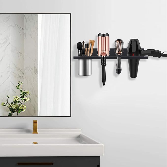 Hair Tool Organizer Wall Mounted - Wooden Dryer Holder, Blow Dryer Holder for Bathroom, Rustic Styling Tools Organizer for Flat Iron, Curling Wand, Hair Straighteners, Brushes, Black