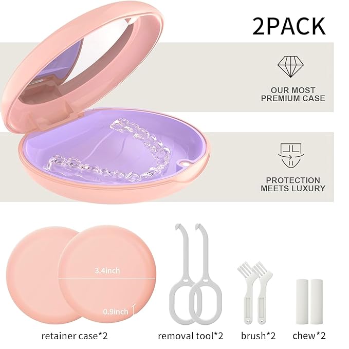 2 Pack Retainer Case with Mirror, Compatible with Invisalign, Slim Aligner Case for Travel, Includes Removal Tools, Seaters & Brush, Magnetic Secure Closure Retainer Box - Pink