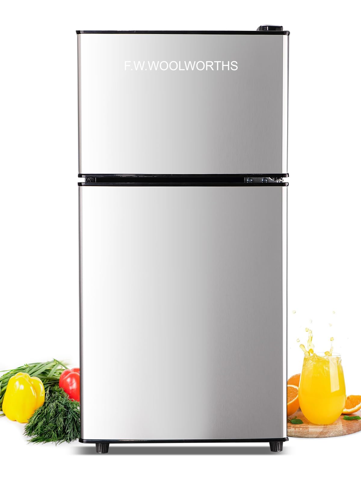 F.W.WOOLWORTHS 3.5 Cu.Ft Fridge with Freezer, Refrigerator with 2 Doors for Office, Kitchen, Dorm and Bedroom, Fridge with 7 Level Temp Adjustable Thermostat, Silver