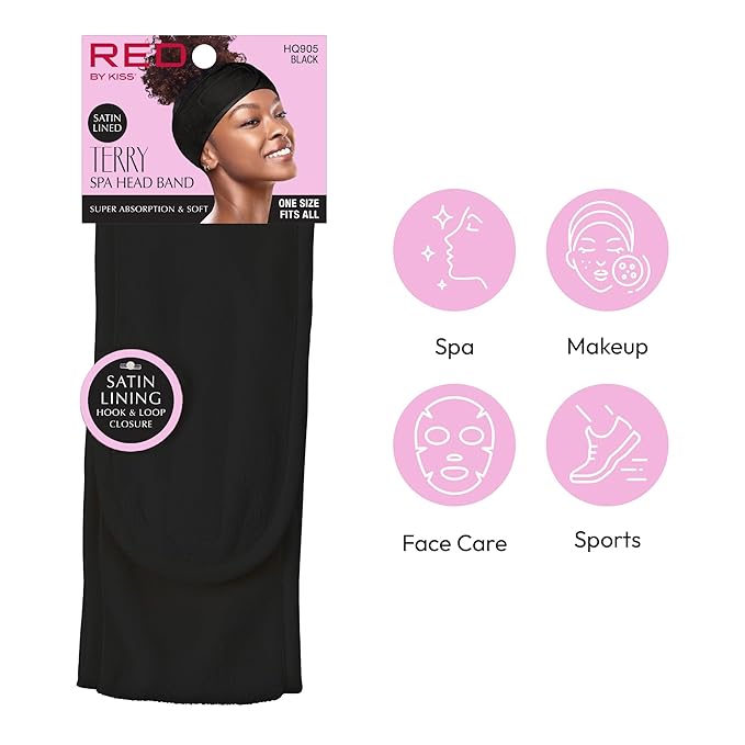 Red by Kiss Spa Headband for Washing Face, Adjustable Velcro Wrap Facial Makeup Hair Band Silky Satin Lining Terry Clothe for Shower Bath Washing Mask Sport Yoga (Black)
