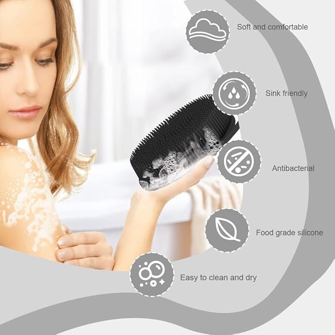 Soft Silicone Body ShowerÃ¯Â¼Â Exfoliating Silicone Body Scrubber, Silicone Loofah 2 in 1 Bath and Shampoo Brush, Body Scrubber Shower Easy to Clean for Sensitive Skin, Lather Well 2 PCS Black and Purple