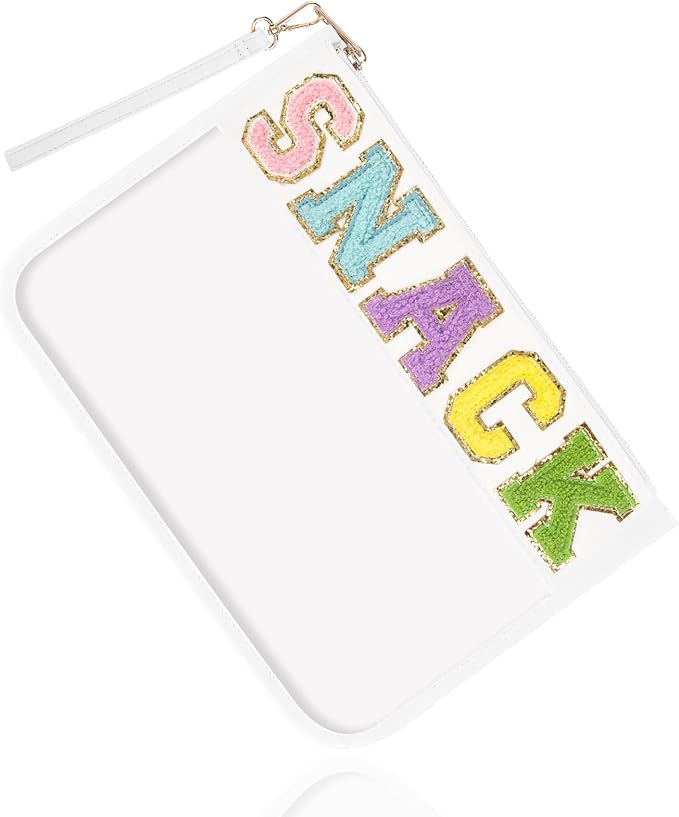 Chenille Letter Clear Snack Bags Purse Pouch, Monogram PVC & PU Clear Zipper Pouch with Wristlet, Waterproof Portable Glitter Makeup Beach Toiletry Bag for Women Girls (SNACK-White)