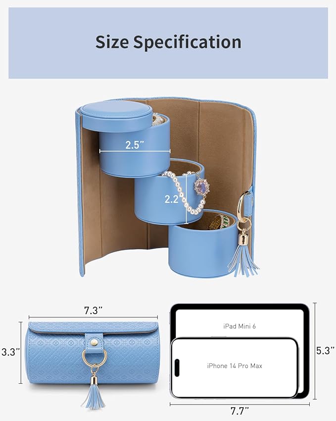 VLANDO Mother Gifts for Mom, Women, Wife - Travel Jewelry Oragnizer, 3-Layer Jewelry Storage Box, Travel Essential Accessories for Women, Gifts for Travelers Couples Mom Friends - Blue