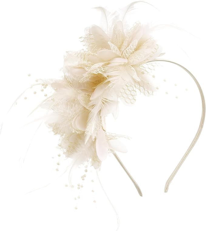 Womens Fascinators Hats Tea Party Hats for Women, Feather Pearl Veil Headband for Wedding Cocktail Dresses Accessories
