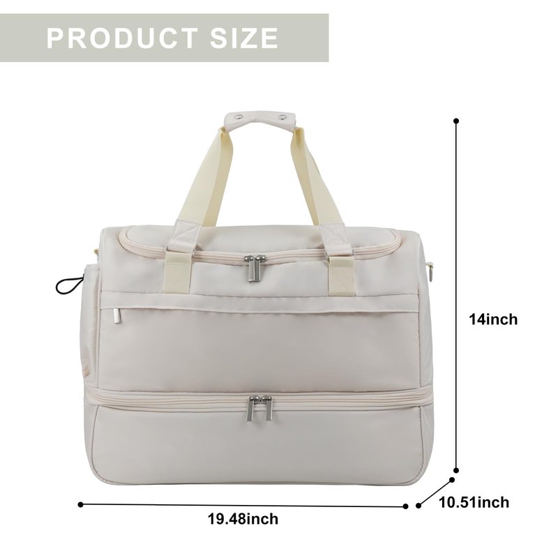 Carry On Travel Duffel Bag for Women & Men,Overnight Weekender Bag with Shoe Compartment,Trolley Sleeve and Adjustable Shoulder Strap,Business & Weekend Travel,Gym,Sports,Yoga & Dance(Ivory)