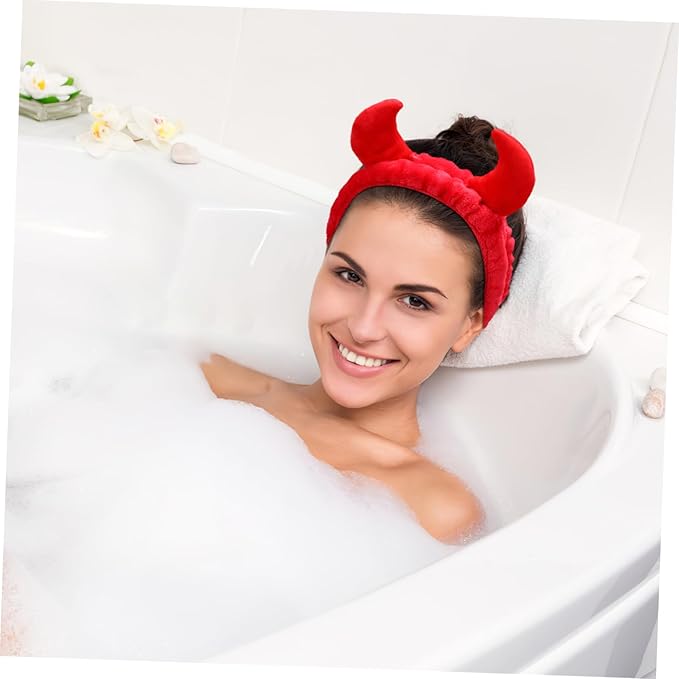 Beaupretty 2 Pack Spa Headband for Women, Devil Horns Facial Headband for Face Wash & Makeup, Soft Hair Band (Black, Red)