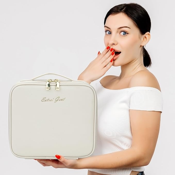 Makeup Travel Train Case with Mirror LED Light 3 Adjustable Brightness Large Cosmetic Bag Portable Storage Adjustable Partition Waterproof Make up Brushes Makeup Jewelry Gift for Women