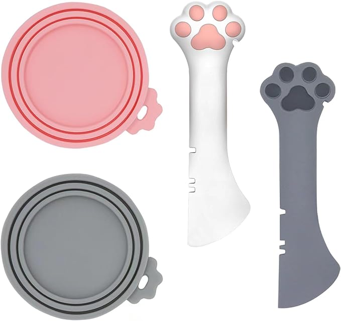 SJANE Cat Food Can Spoons & Can Lids | 4 Pcs | Multi-function Opener | Silicone Pet Food Covers | Cute Paw Shape Wet Food Spoon for Cats and Dogs(Pink+Grey)