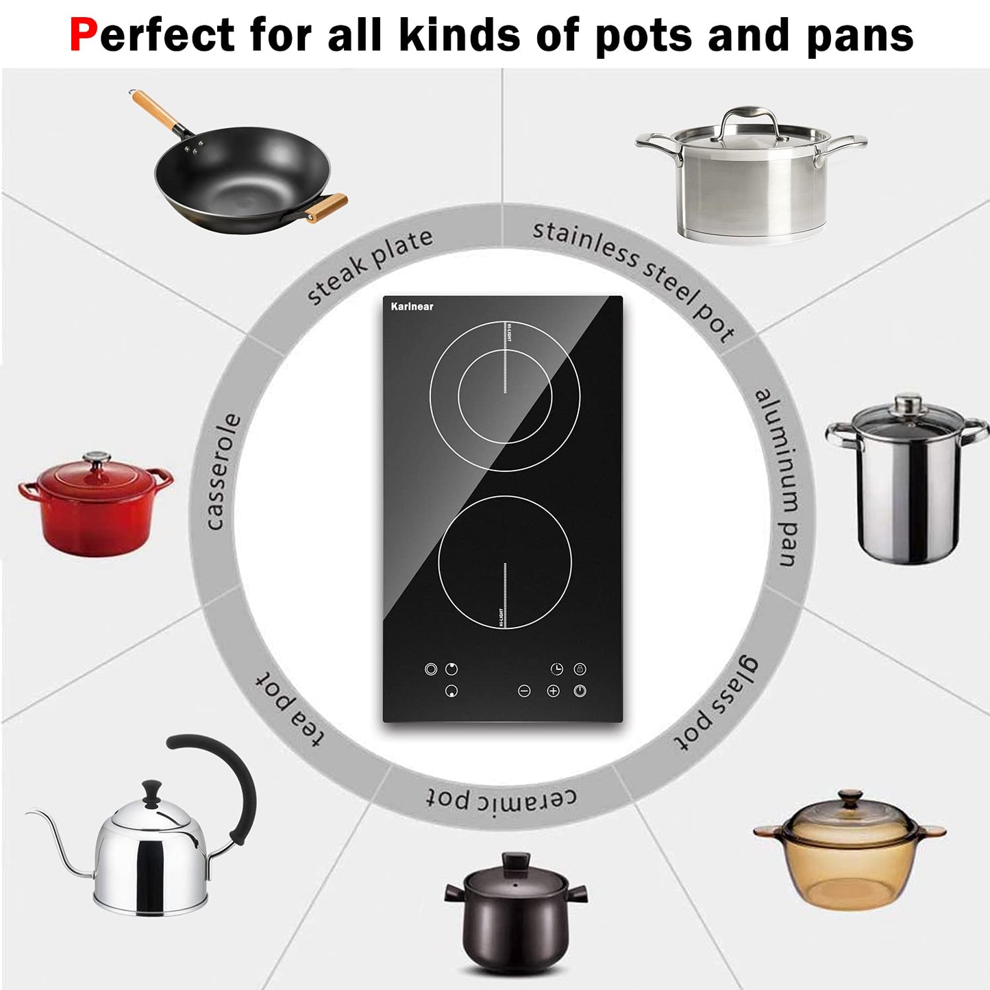 Karinear 2 Burner Electric Cooktop 12 Inch, Drop-in Radiant Cooktop 220v - 240v with Child Safety Lock, Timer, Residual Heat Indicator, 3200W, Hard Wired, No Plug Electric Stove Top