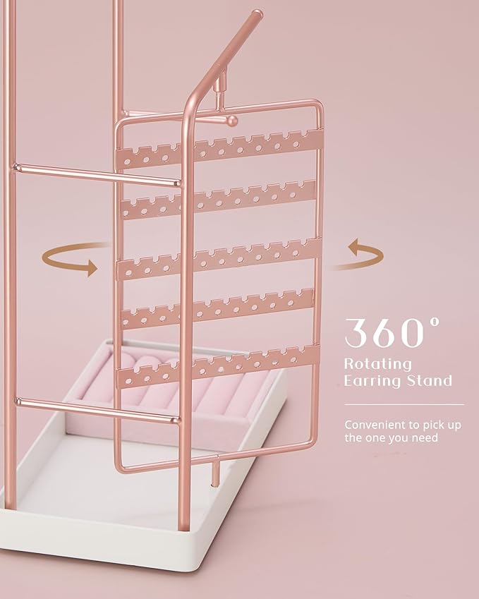 ProCase Jewelry Stand Holder Organizer, Jewelry Display Storage with Ring Tray, No-Assembly, Rotating Earring Bracelet Necklace Holder, Valentine's Gifts Room Dorm Decor for Teen Girls -Rosegold