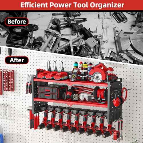 Power Tool Organizer Wall Mount with 9 Drill Holder, Cordless Tool Organizer and Storage Rack, Garage Heavy Duty Metal Shelf Organization for Battery, Tool Box, Hammer, Screwdriver£¨Red£©