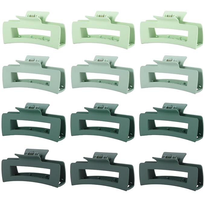 12 Pcs Green Large Square Hair Claw Clips for Women, 4.3-Inch Matte Rectangle Claw, Strong Hold Non-slip Hair Clips for Thick & Thin Hair