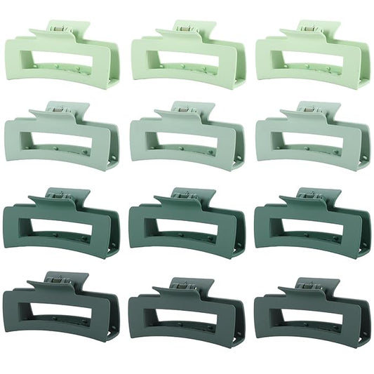 12 Pcs Green Large Square Hair Claw Clips for Women, 4.3-Inch Matte Rectangle Claw, Strong Hold Non-slip Hair Clips for Thick & Thin Hair