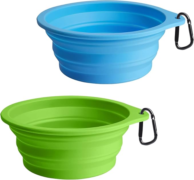 PetBonus 2-Pack Silicone Collapsible Dog Bowls, BPA Free Dishwasher Safe, Portable Foldable Expandable Travel Bowl, Food Water Feeding Cup Dish for Dogs Cats with 2 Carabiners (Light Blue & Green)