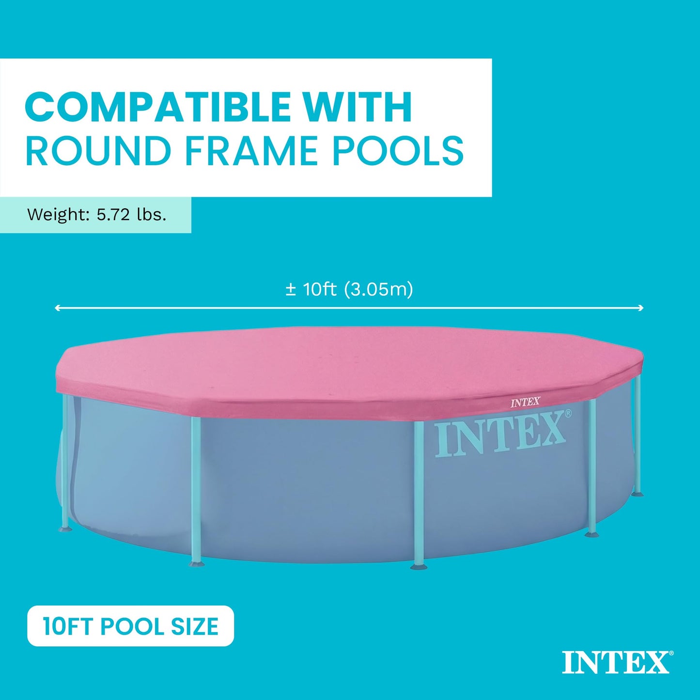 INTEX 28034E Pool Cover: For 10ft Round Metal Frame Pools – Includes Rope Tie – Drain Holes – 10in Overhang – Snug Fit