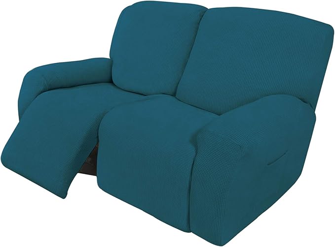 Easy-Going 6 Pieces Recliner Loveseat Stretch Sofa Slipcover Sofa Cover Furniture Protector Couch Soft with Elastic Bottom Kids, Spandex Jacquard Fabric Small Checks Peacock Blue