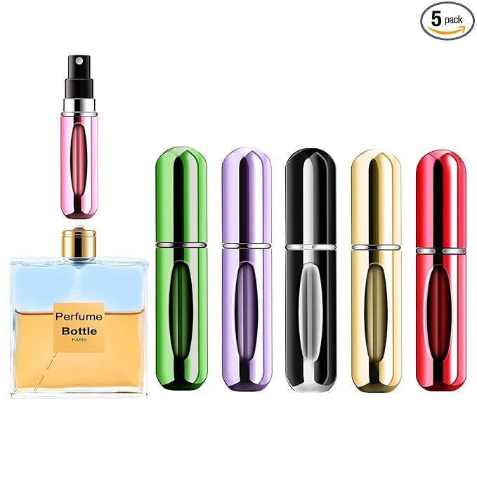 Portable Mini Perfume Atomizer Bottle, Atomizer Perfume Spray, Scent Pump Case, Refillable Travel (5ml, 5 Pack) (Purple, Gold, Green, Red, Black)