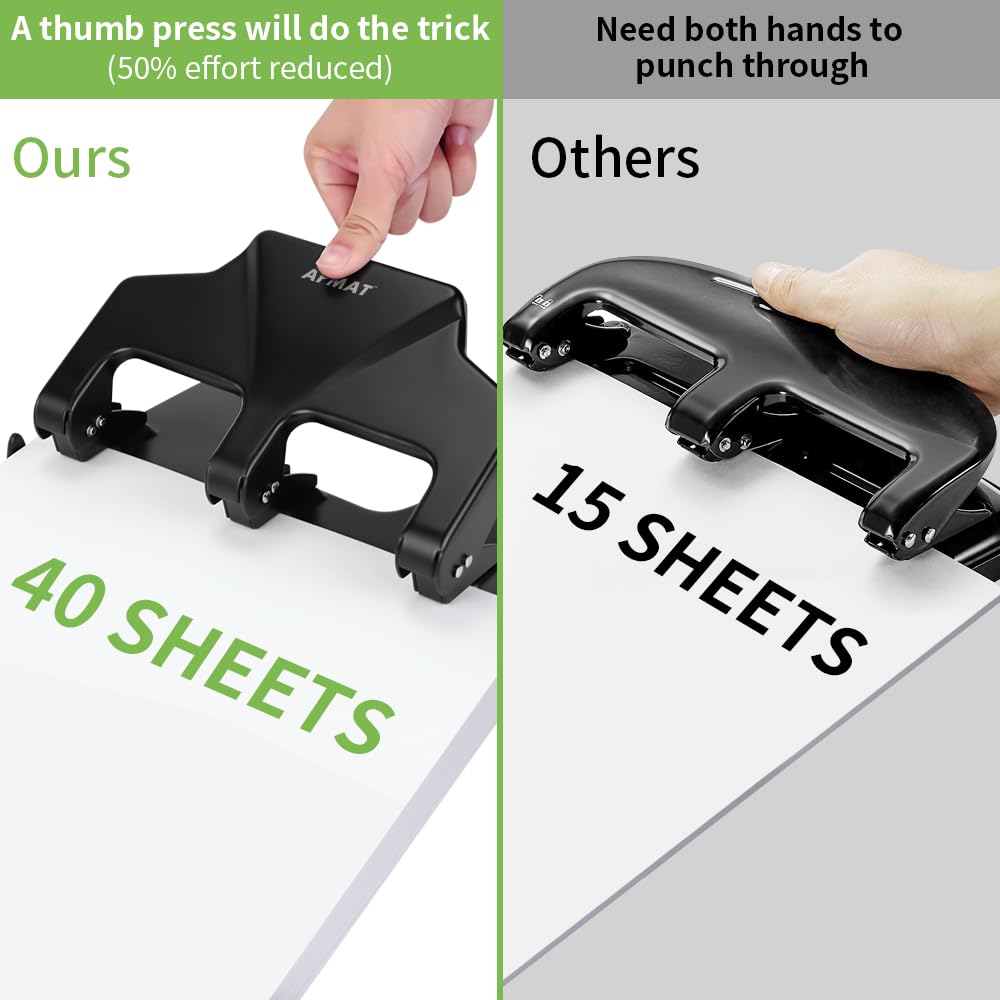 AFMAT 3 Hole Punch Heavy Duty, 40-Sheet Three Hole Punch, 50% Reduced Effort, 3 Hole Puncher for Binder w/Large Chip Tray, 9/32" Holes Diameter, Metal Paper Puncher for Home/Office/School, HP14