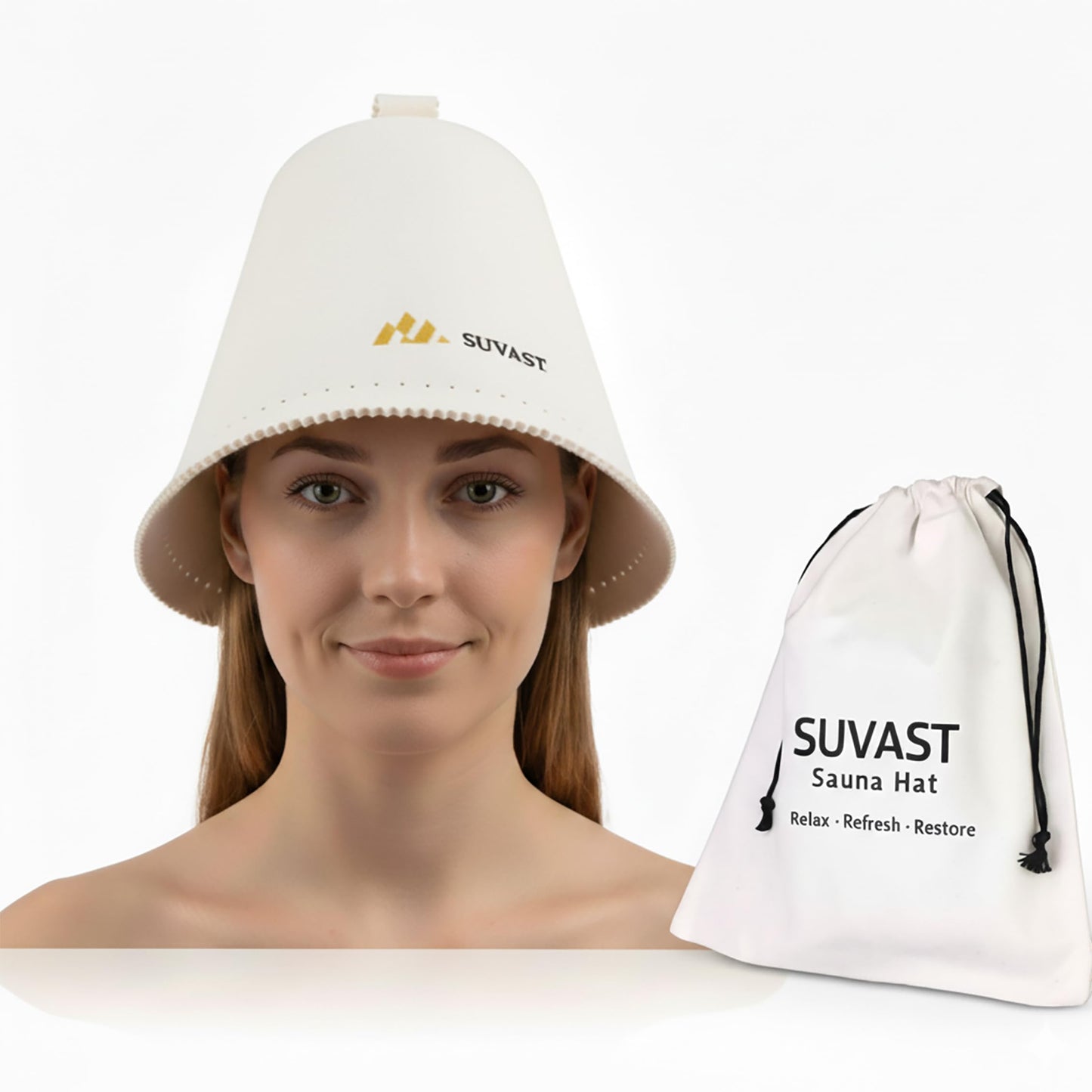 suvast Merino Wool Sauna Hat for Women & Men, Seamless Soft Felt Sauna Cap, 100% Fine Merino Wool, Lightweight Breathable Nordic Design, Protects Head & Hair from Heat, Gift Bag Included White