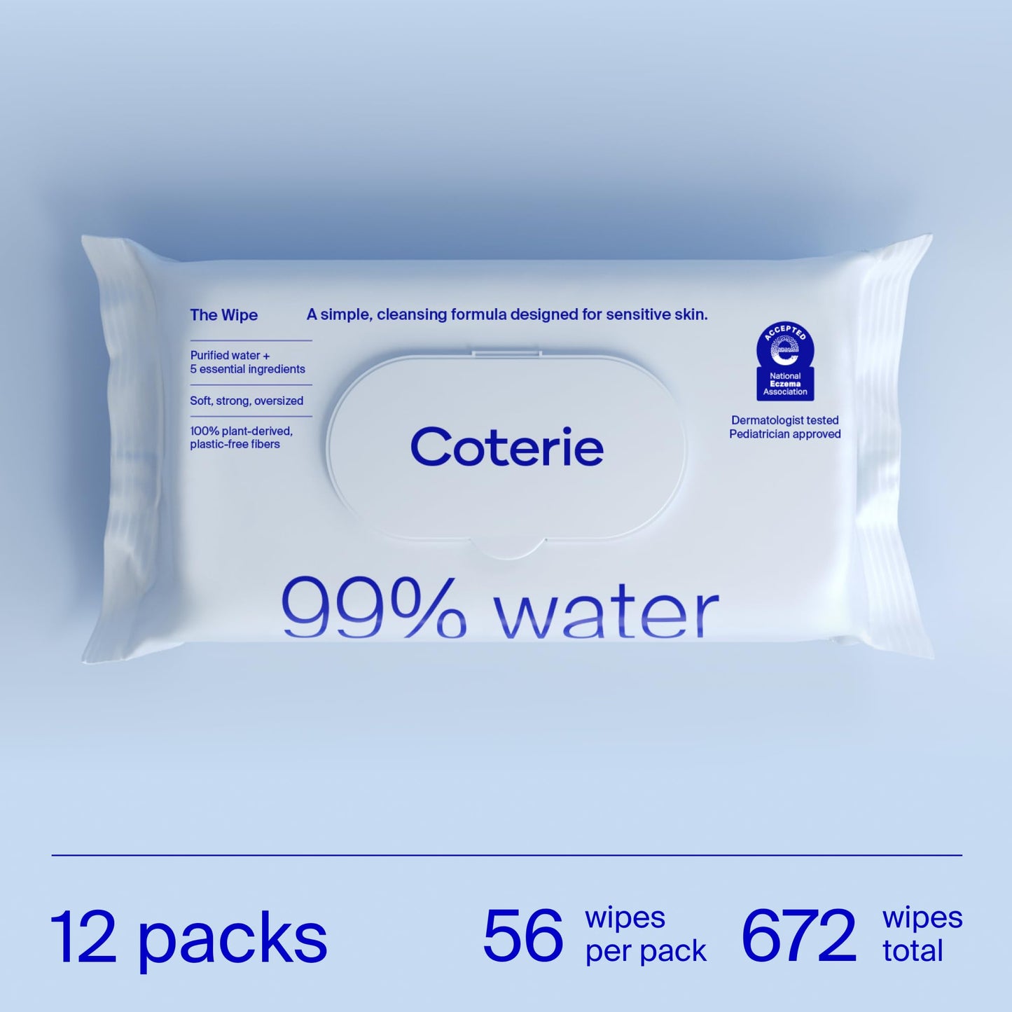 Coterie Baby Wipes for Sensitive Skin, Plant-Based and Plastic-Free Fibers, 99% Water, Hypoallergenic, pH Balanced, Unscented, Clean and Gentle Baby Essentials, 12 Pack, 672 Count