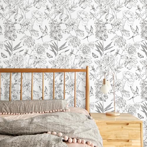 Jiffdiff White and Black Wallpaper Peel and Stick Sketched Peony Floral, Waterproof Removable Self Adhesive Wall Paper with Botanical, Bird and Butterfly for Bedroom and Bathroom 120"X17.3"(14.4sq.ft)
